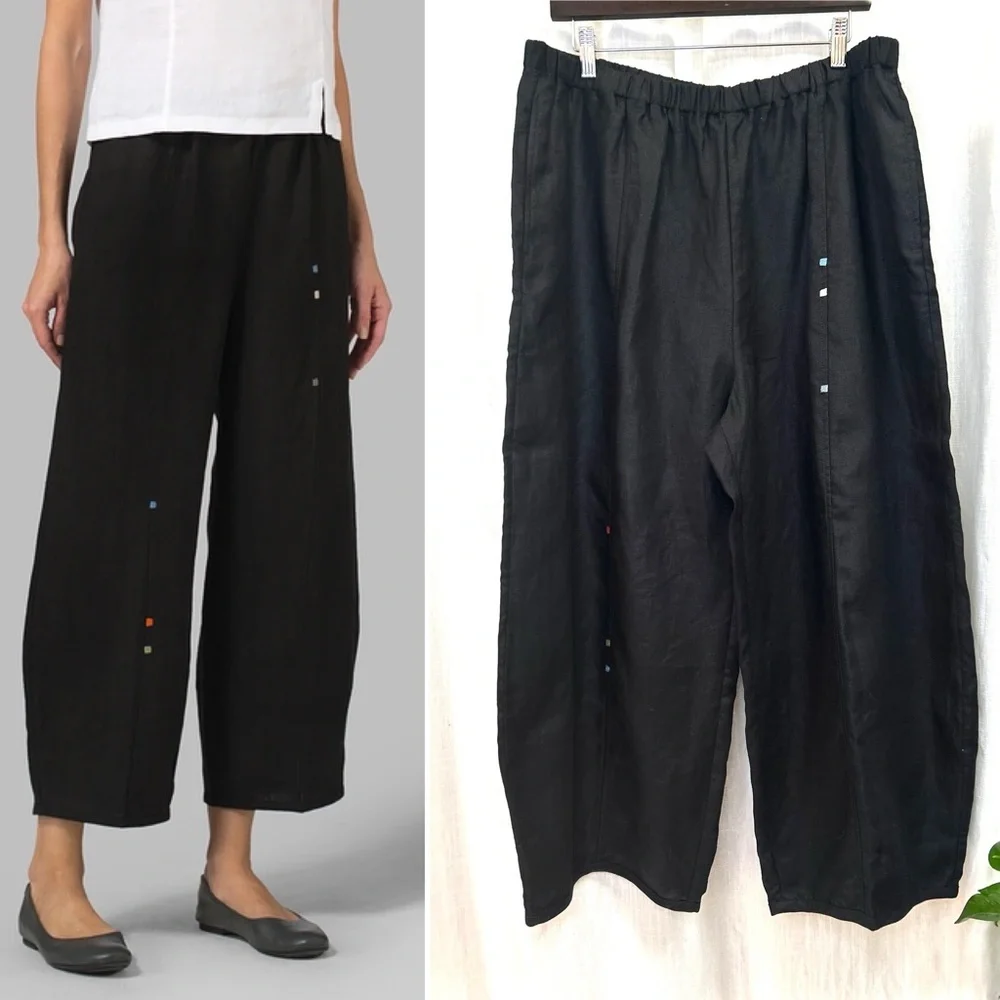Vivid Linen LINEN EMBROIDERED CROP PANTS black 2x NWT